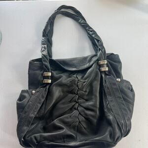 B Makowsky Shoulder Hobo Bag Black Silver Soft Leather Leopard Inner Lining